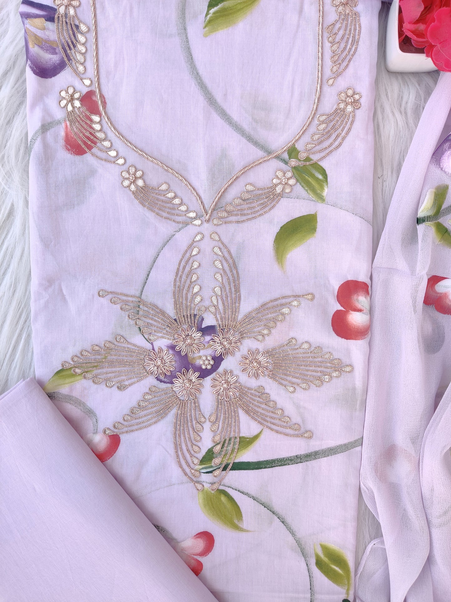 FLORAL PRINTED COTTON GOTA PATTI SUIT WITH CHIFFON DUPATTA