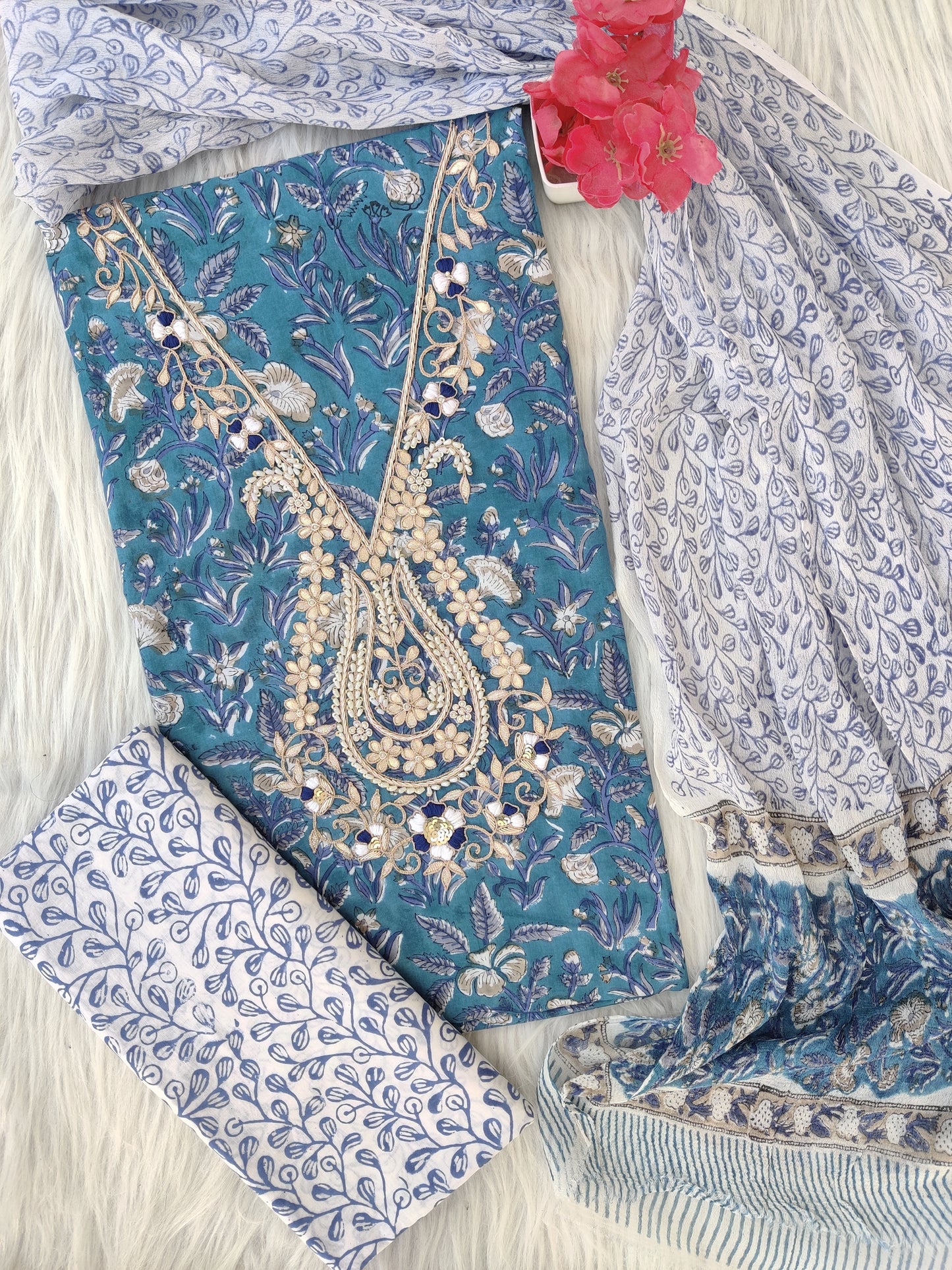 FLORAL PRINTED COTTON GOTA PATTI SUIT WITH CHIFFON DUPATTA