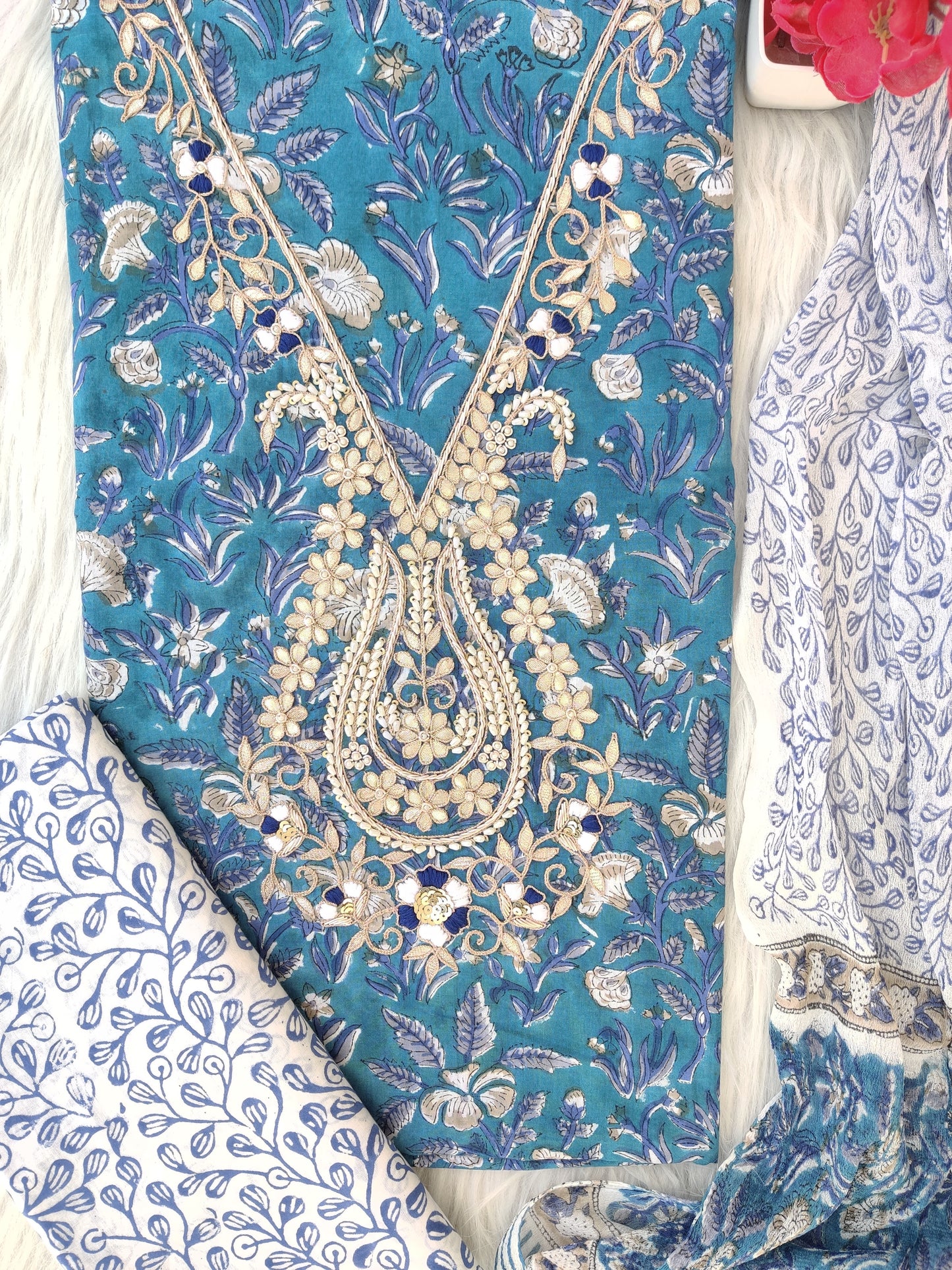 FLORAL PRINTED COTTON GOTA PATTI SUIT WITH CHIFFON DUPATTA