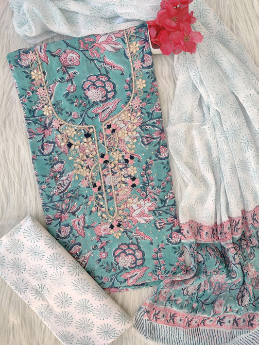 FLORAL PRINTED COTTON GOTA PATTI SUIT WITH CHIFFON DUPATTA