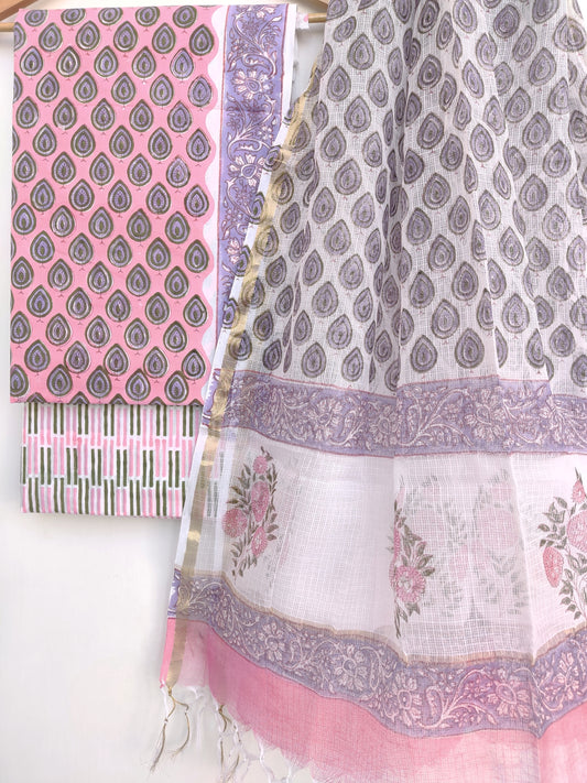 Hand Block Printed Cotton Suit with Cotton Kota Doria dupatta