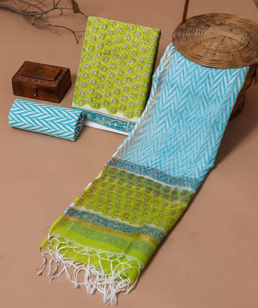 Hand Block Printed Cotton Suit with Cotton Kota Doria dupatta