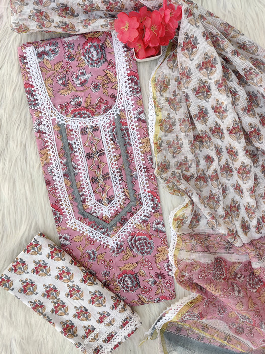 HAND BLOCK PRINTED CROCHET WORK SUITS WITH KOTA DORIA DUPATTA