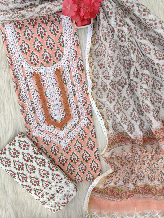 HAND BLOCK PRINTED CROCHET WORK SUITS WITH KOTA DORIA DUPATTA