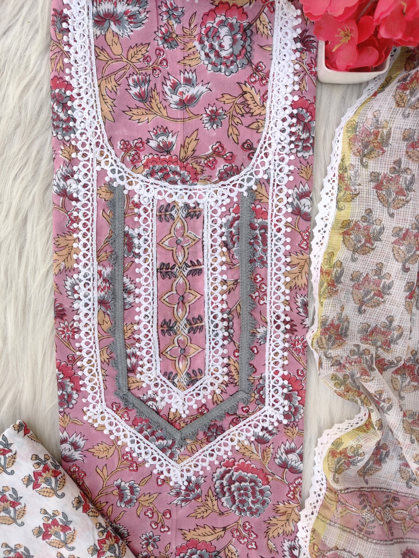HAND BLOCK PRINTED CROCHET WORK SUITS WITH KOTA DORIA DUPATTA