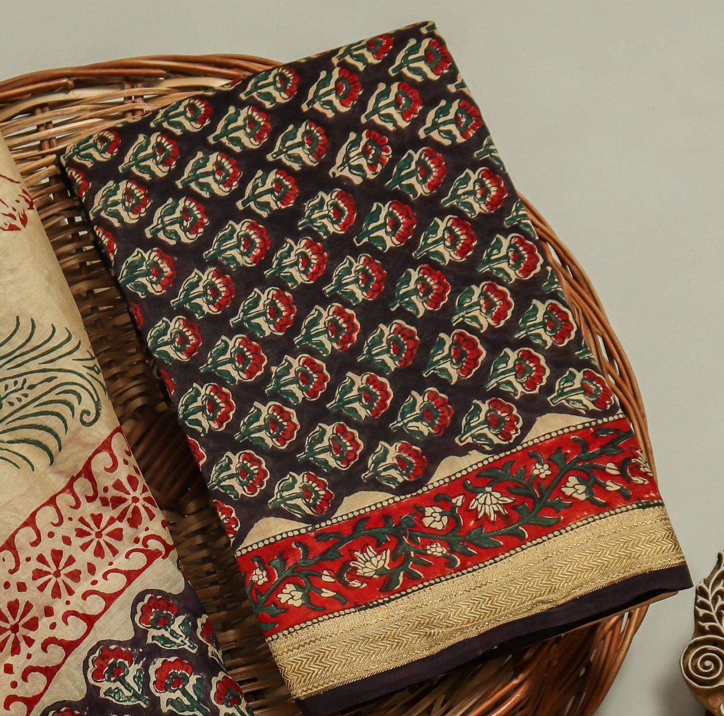BAGRU Printed Maheshwari Silk Suit with Maheshwari Silk Dupatta