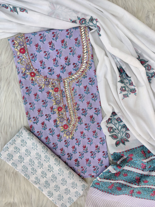 (SALE) FLORAL PRINTED COTTON GOTA PATTI SUIT WITH COTTON DUPATTA