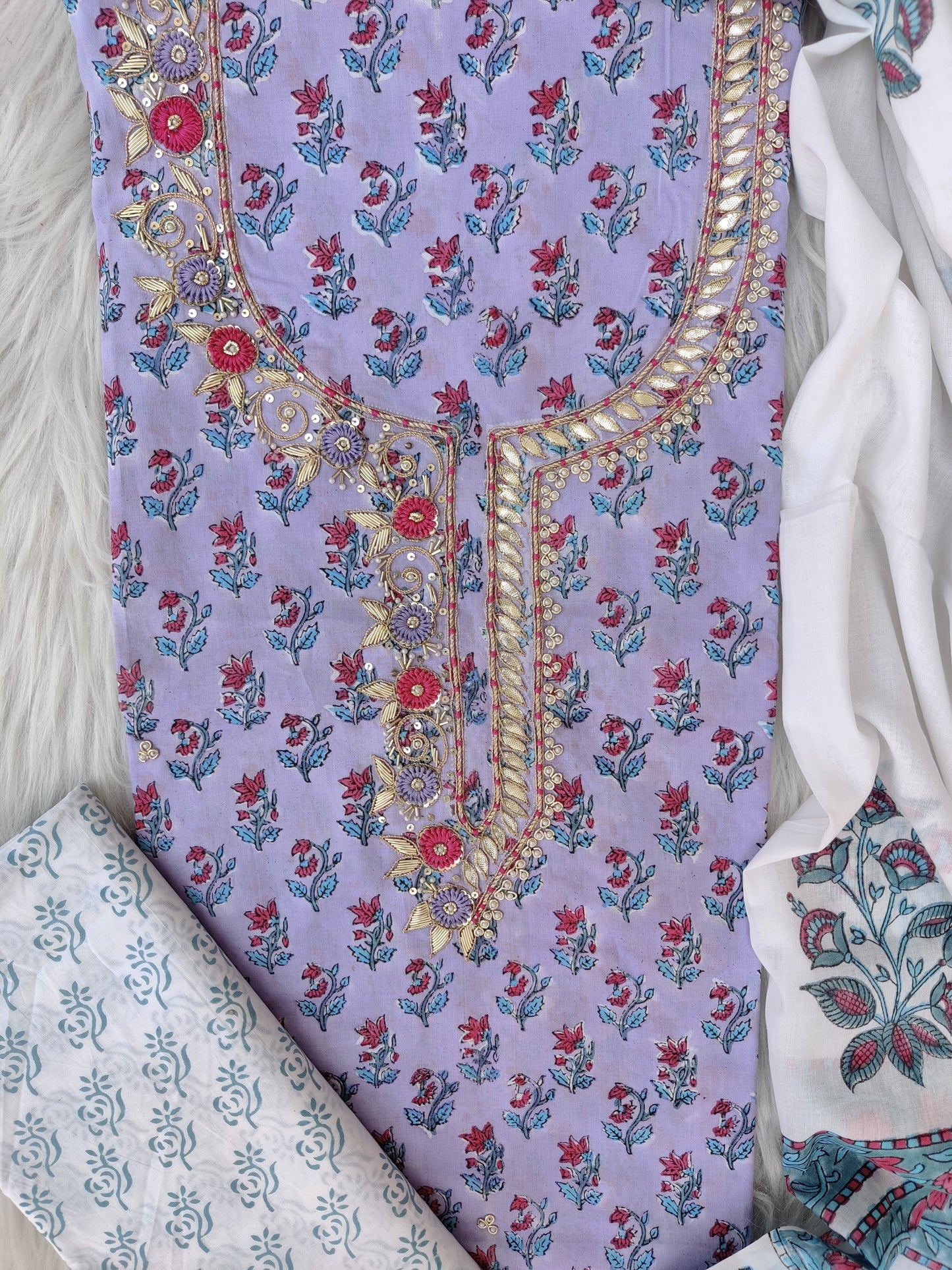 (SALE) FLORAL PRINTED COTTON GOTA PATTI SUIT WITH COTTON DUPATTA