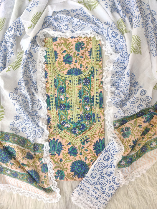 HAND BLOCK PRINTED CROCHET WORK SUITS WITH MULMUL DUPATTA