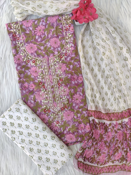 FLORAL PRINTED COTTON GOTA PATTI SUIT WITH CHIFFON DUPATTA