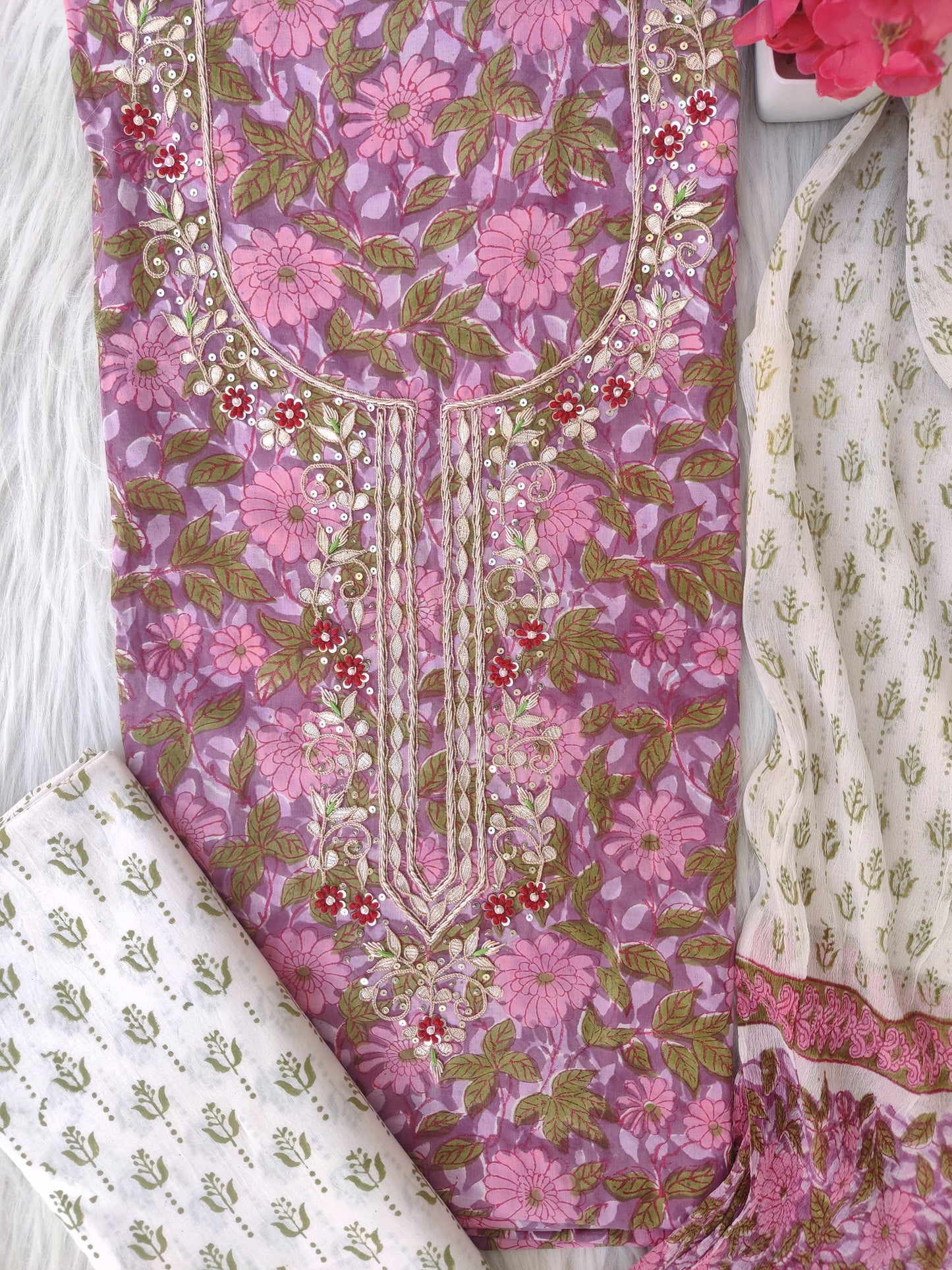 FLORAL PRINTED COTTON GOTA PATTI SUIT WITH CHIFFON DUPATTA