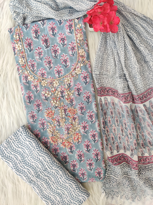 FLORAL PRINTED COTTON GOTA PATTI SUIT WITH CHIFFON DUPATTA