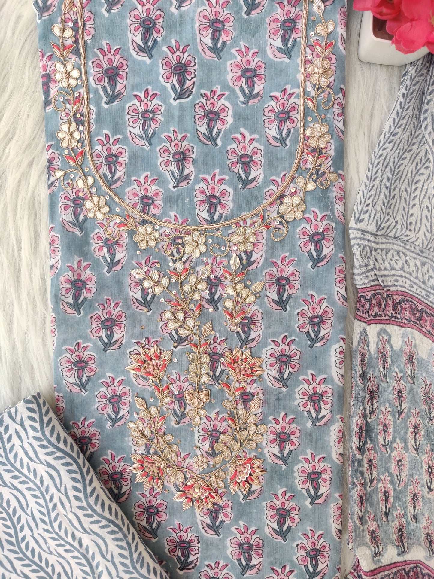 FLORAL PRINTED COTTON GOTA PATTI SUIT WITH CHIFFON DUPATTA
