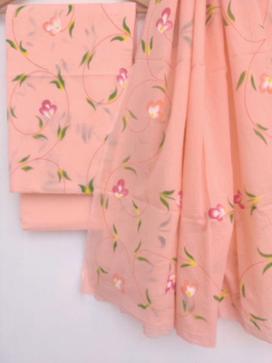 Hand Painted Cotton Suit With Mulmul Cotton Dupatta