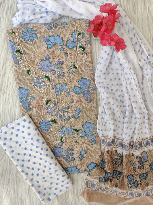 FLORAL PRINTED COTTON GOTA PATTI SUIT WITH CHIFFON DUPATTA
