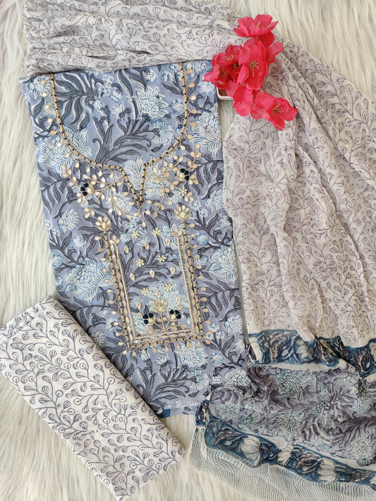 FLORAL PRINTED COTTON GOTA PATTI SUIT WITH CHIFFON DUPATTA