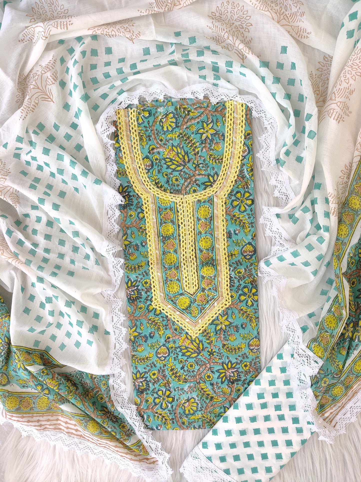 HAND BLOCK PRINTED CROCHET WORK SUITS WITH MULMUL DUPATTA