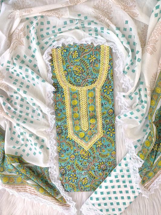 HAND BLOCK PRINTED CROCHET WORK SUITS WITH MULMUL DUPATTA