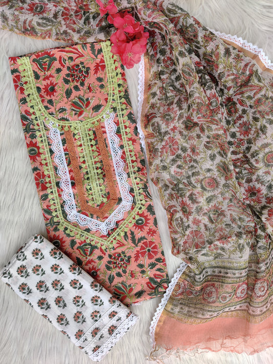 HAND BLOCK PRINTED CROCHET WORK SUITS WITH KOTA DORIA DUPATTA