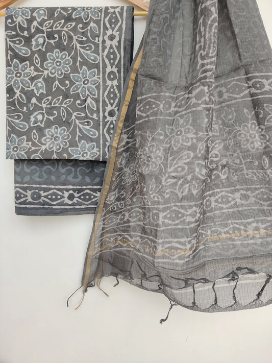 (Dabu) Hand Block Printed Cotton Suit with Cotton Kota Doria dupatta