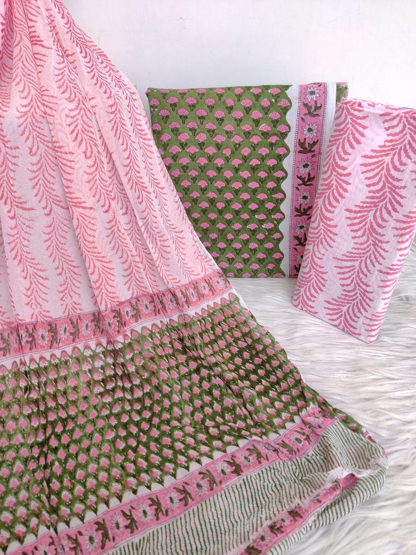 HAND BLOCK PRINTED COTTON SUIT WITH PURE CHIFFON DUPATTA