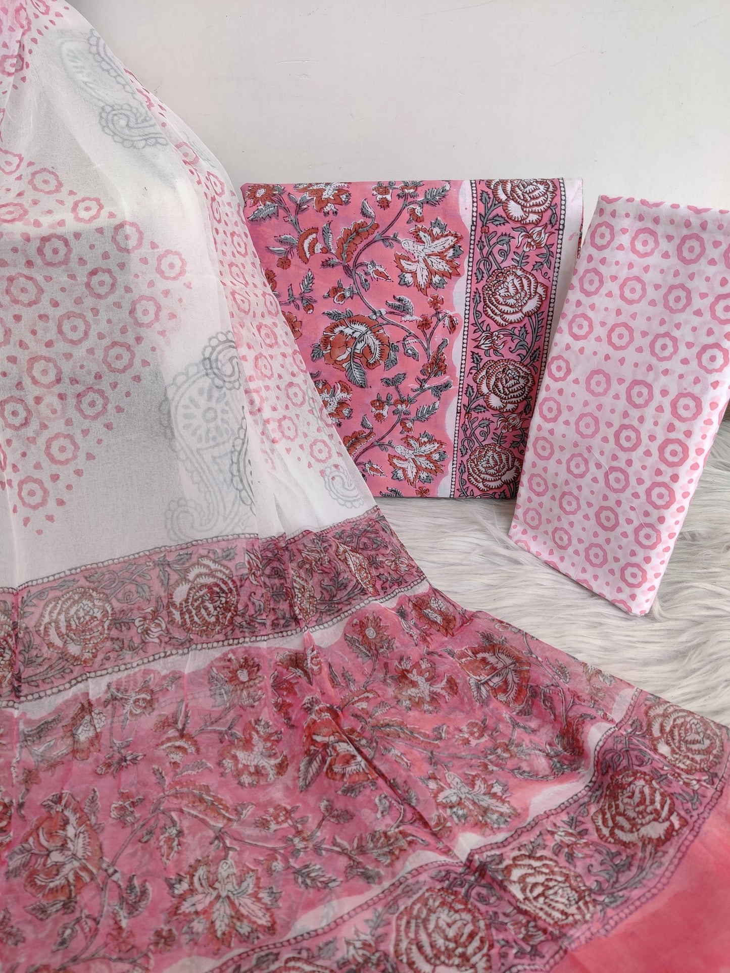 HAND BLOCK PRINTED COTTON SUIT WITH PURE CHIFFON DUPATTA