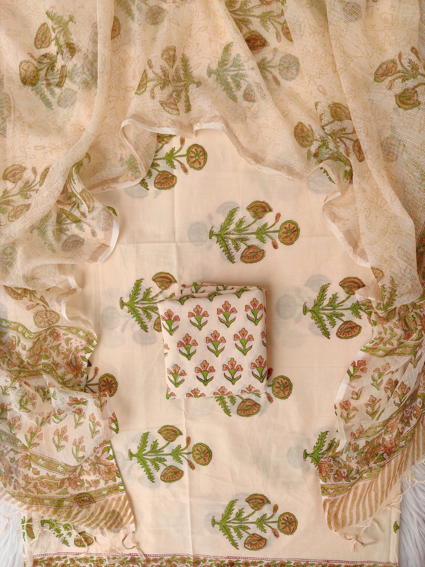 Hand Block Printed Cotton Suit with Cotton Kota Doria dupatta