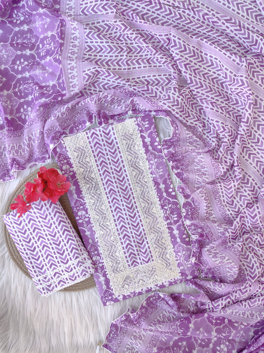 Cotton Printed Neck Work Suits with mulmul dupatta