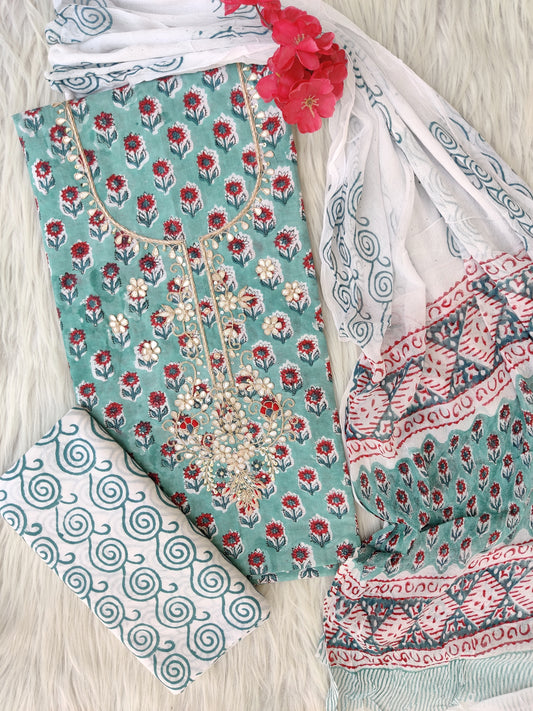 FLORAL PRINTED COTTON GOTA PATTI SUIT WITH CHIFFON DUPATTA