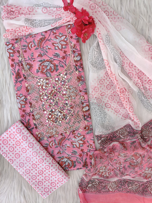 FLORAL PRINTED COTTON GOTA PATTI SUIT WITH CHIFFON DUPATTA