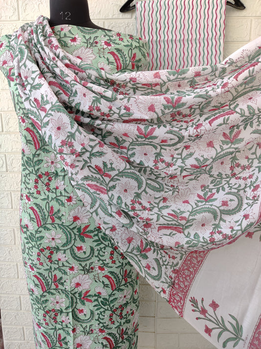 Hand Block Printed Cotton Suit With Mulmul Cotton Dupatta