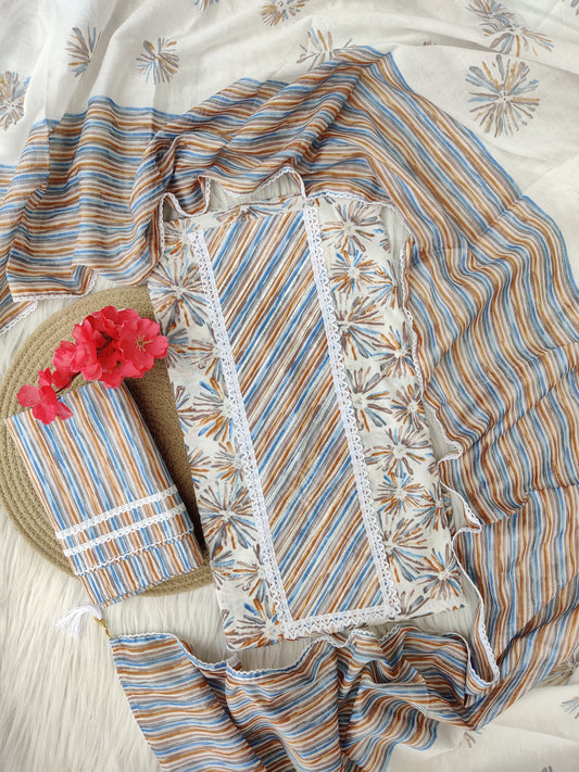 Cotton Printed Neck Work Suits with mulmul dupatta