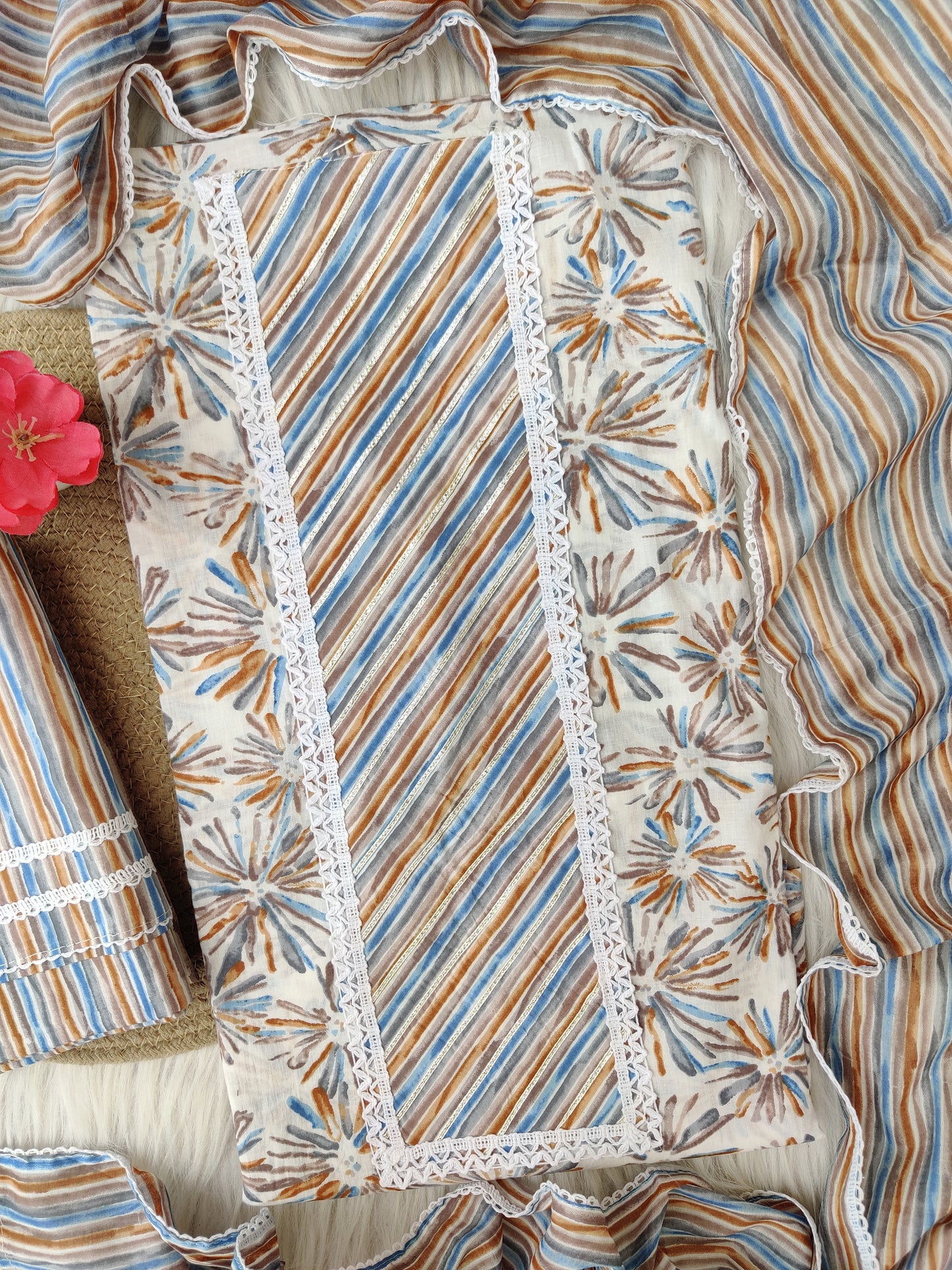 Cotton Printed Neck Work Suits with mulmul dupatta
