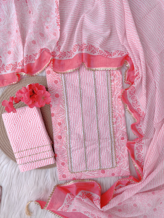 Cotton Printed Neck Work Suits with mulmul dupatta