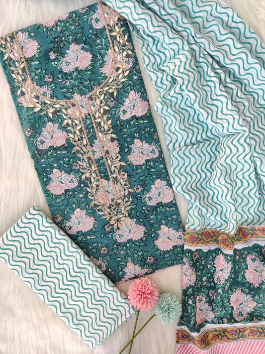 (SALE) FLORAL PRINTED COTTON GOTA PATTI SUIT WITH COTTON DUPATTA