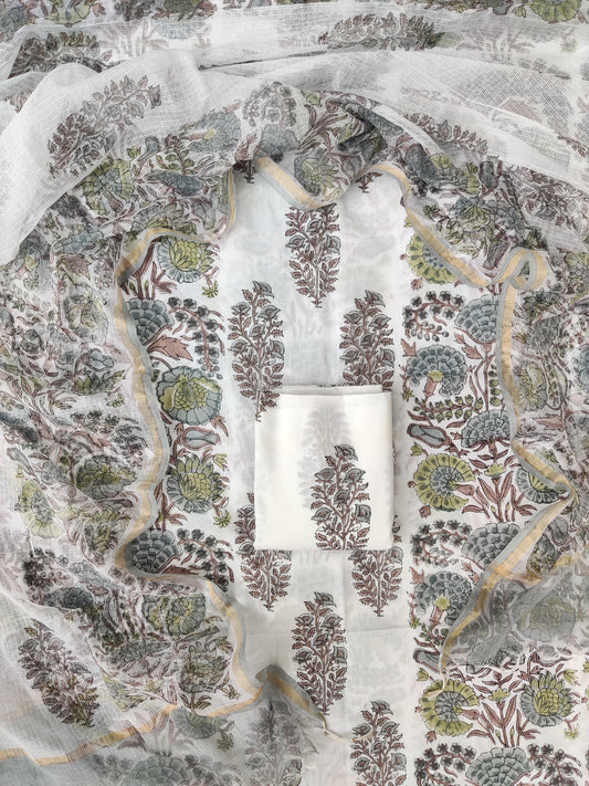 Hand Block Printed Cotton Suit with Cotton Kota Doria dupatta