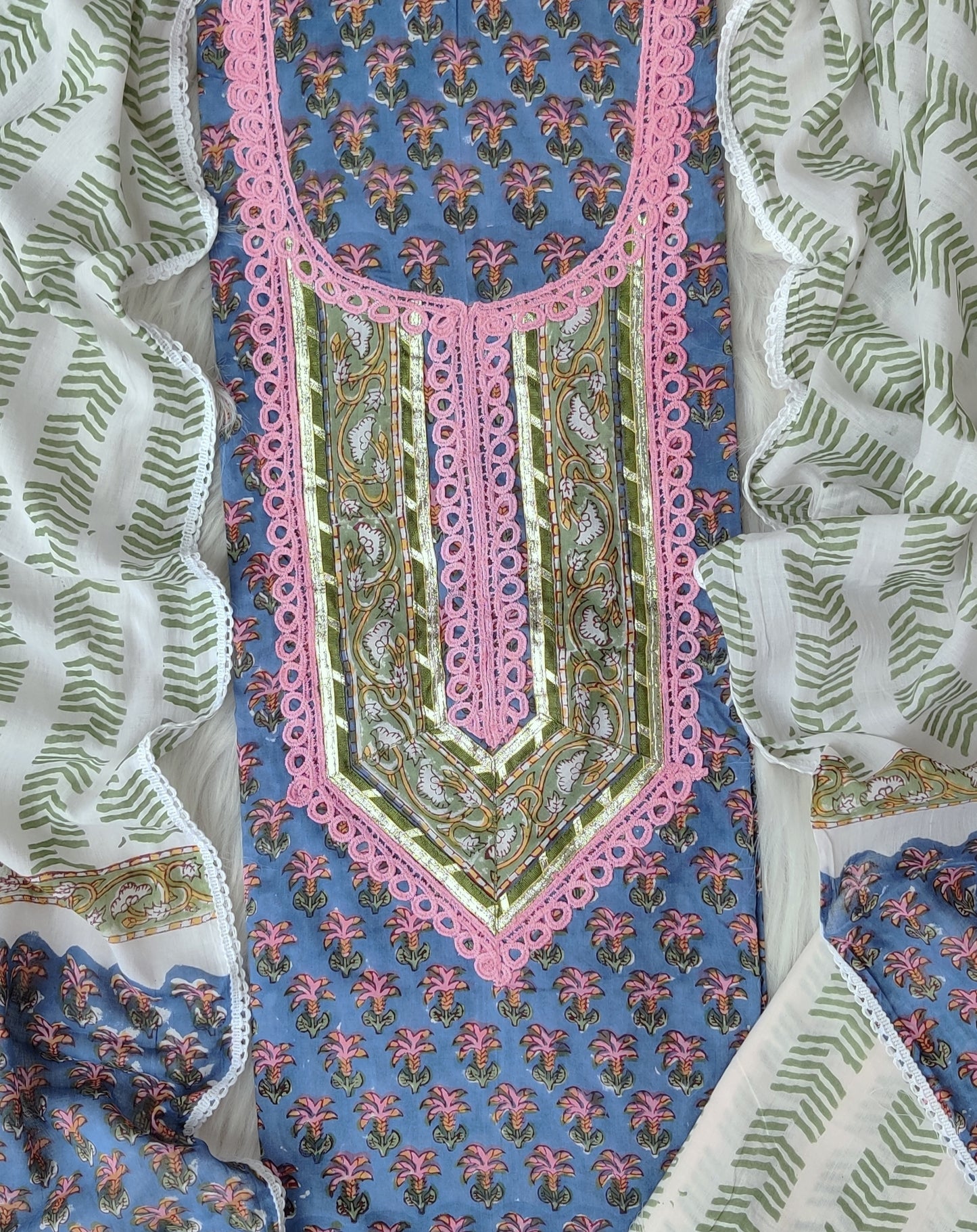 HAND BLOCK PRINTED CROCHET WORK SUITS WITH MULMUL DUPATTA