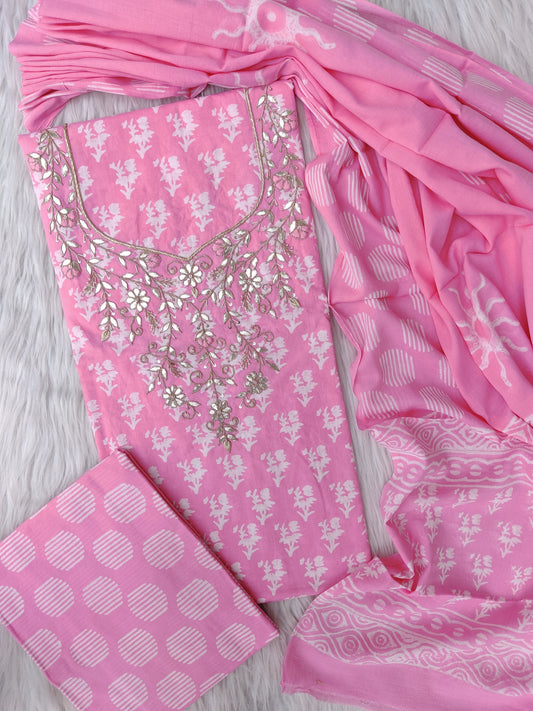 FLORAL PRINTED COTTON GOTA PATTI SUIT WITH COTTON DUPATTA
