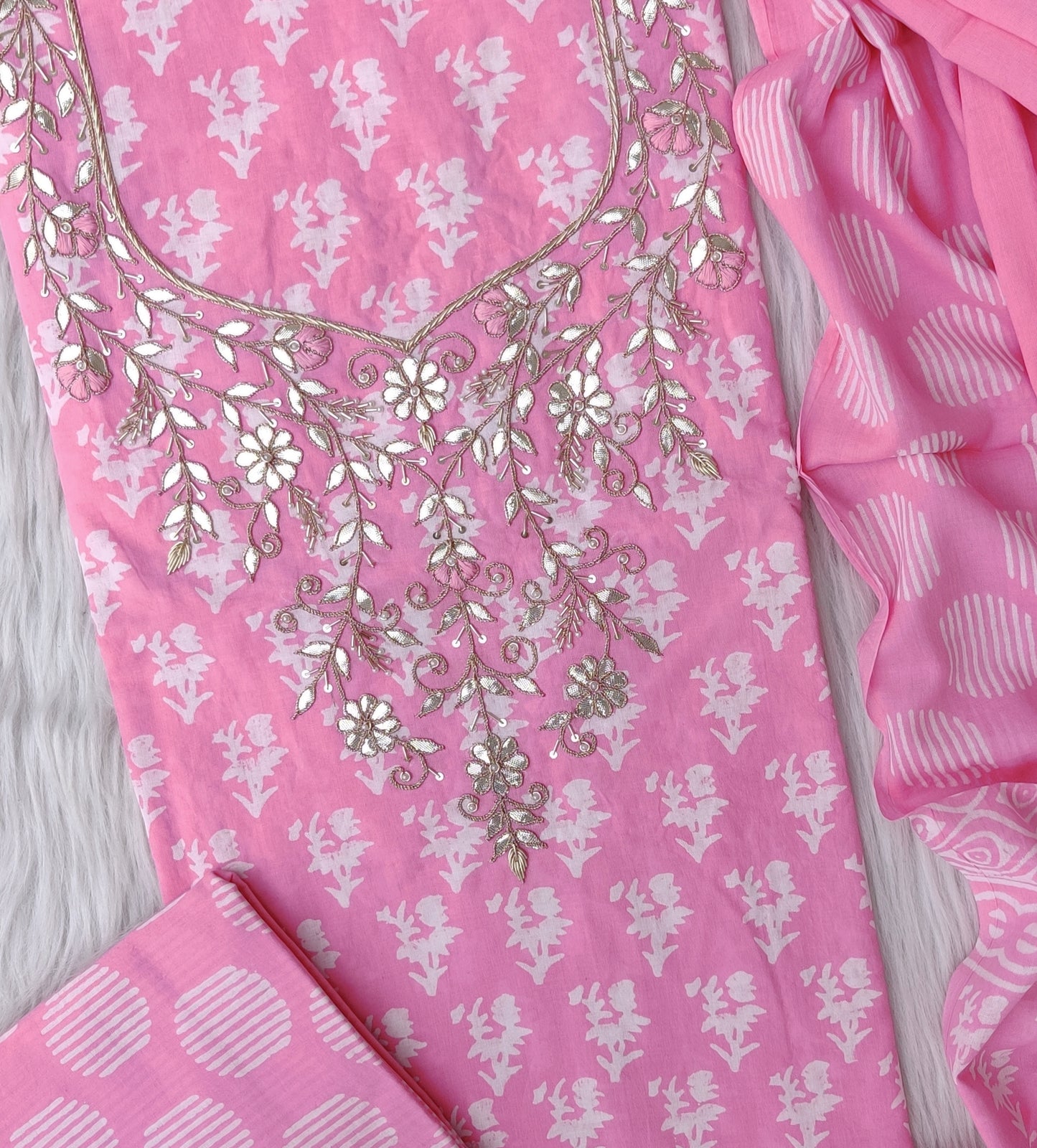 FLORAL PRINTED COTTON GOTA PATTI SUIT WITH COTTON DUPATTA