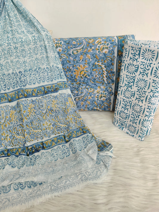 HAND BLOCK PRINTED COTTON SUIT WITH PURE CHIFFON DUPATTA