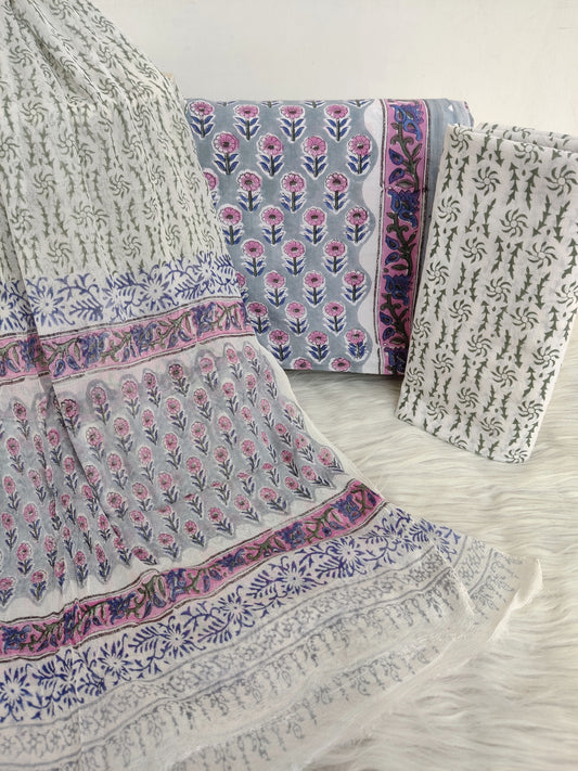 HAND BLOCK PRINTED COTTON SUIT WITH PURE CHIFFON DUPATTA
