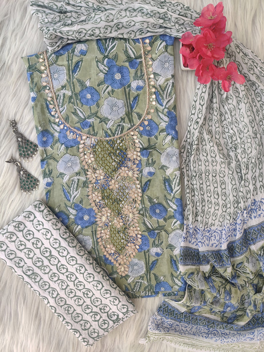 FLORAL PRINTED COTTON GOTA PATTI SUIT WITH CHIFFON DUPATTA