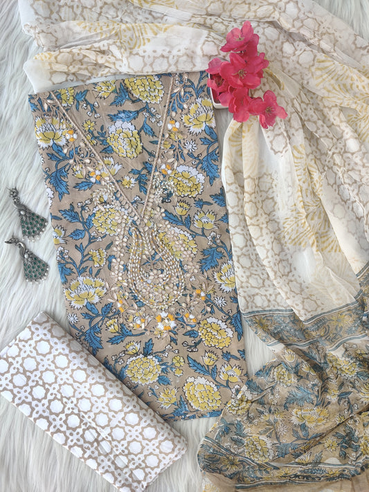 FLORAL PRINTED COTTON GOTA PATTI SUIT WITH CHIFFON DUPATTA