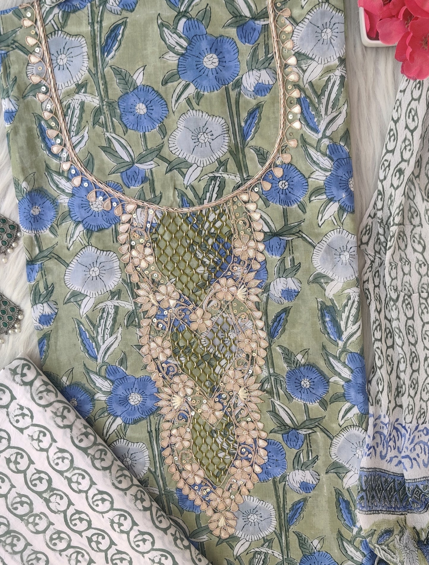 FLORAL PRINTED COTTON GOTA PATTI SUIT WITH CHIFFON DUPATTA
