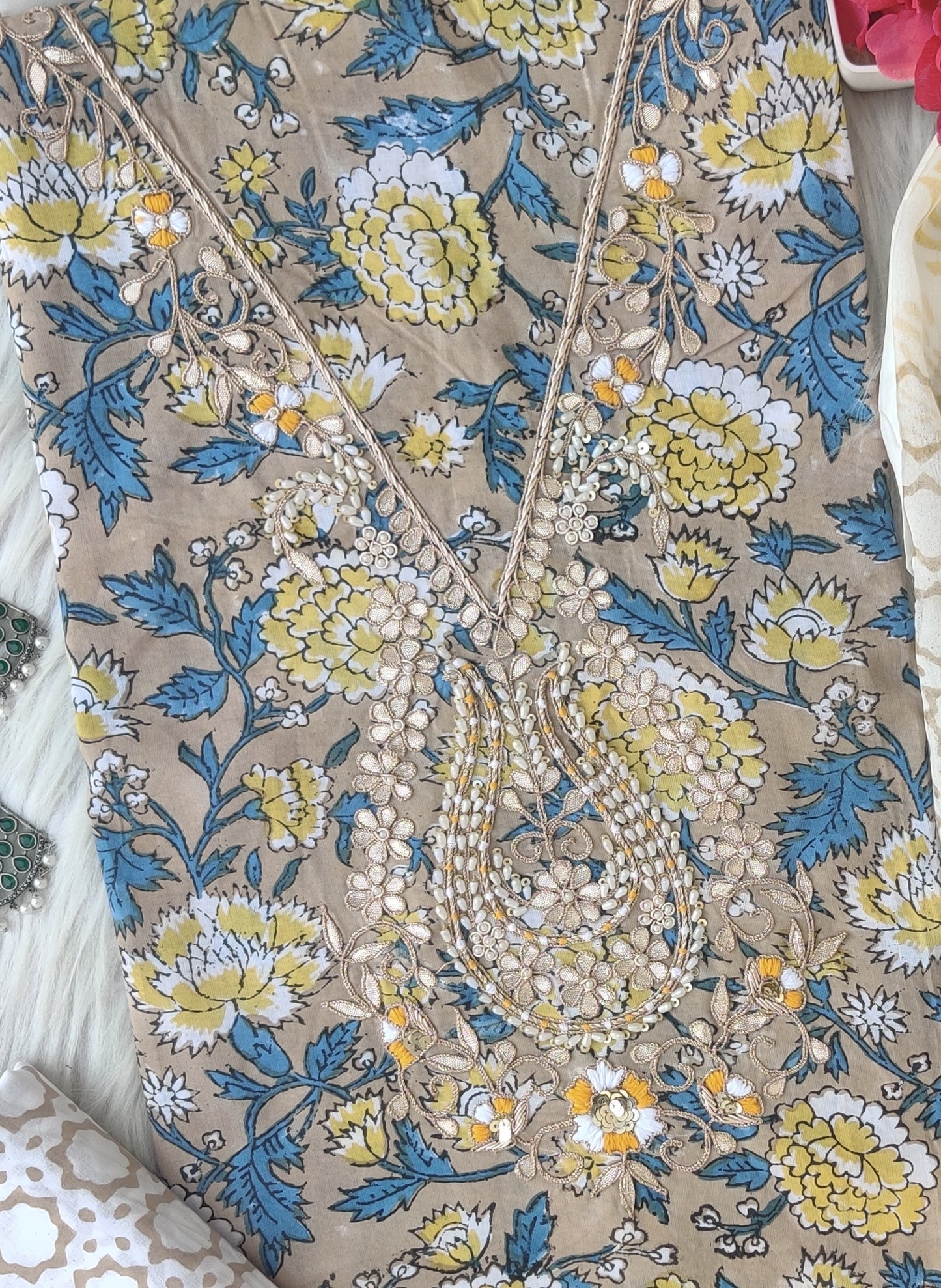 FLORAL PRINTED COTTON GOTA PATTI SUIT WITH CHIFFON DUPATTA