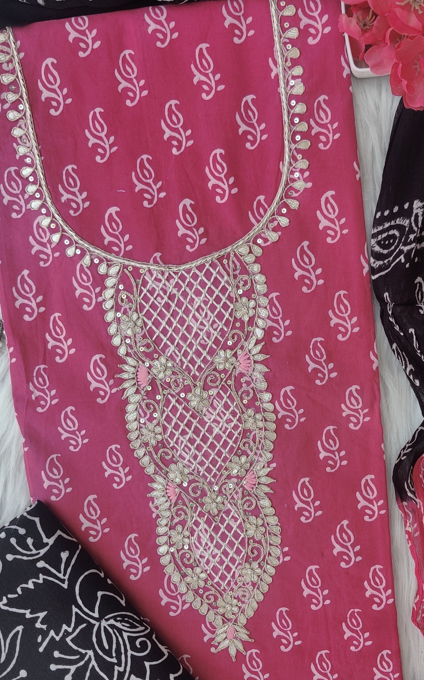 FLORAL PRINTED COTTON GOTA PATTI SUIT WITH CHIFFON DUPATTA
