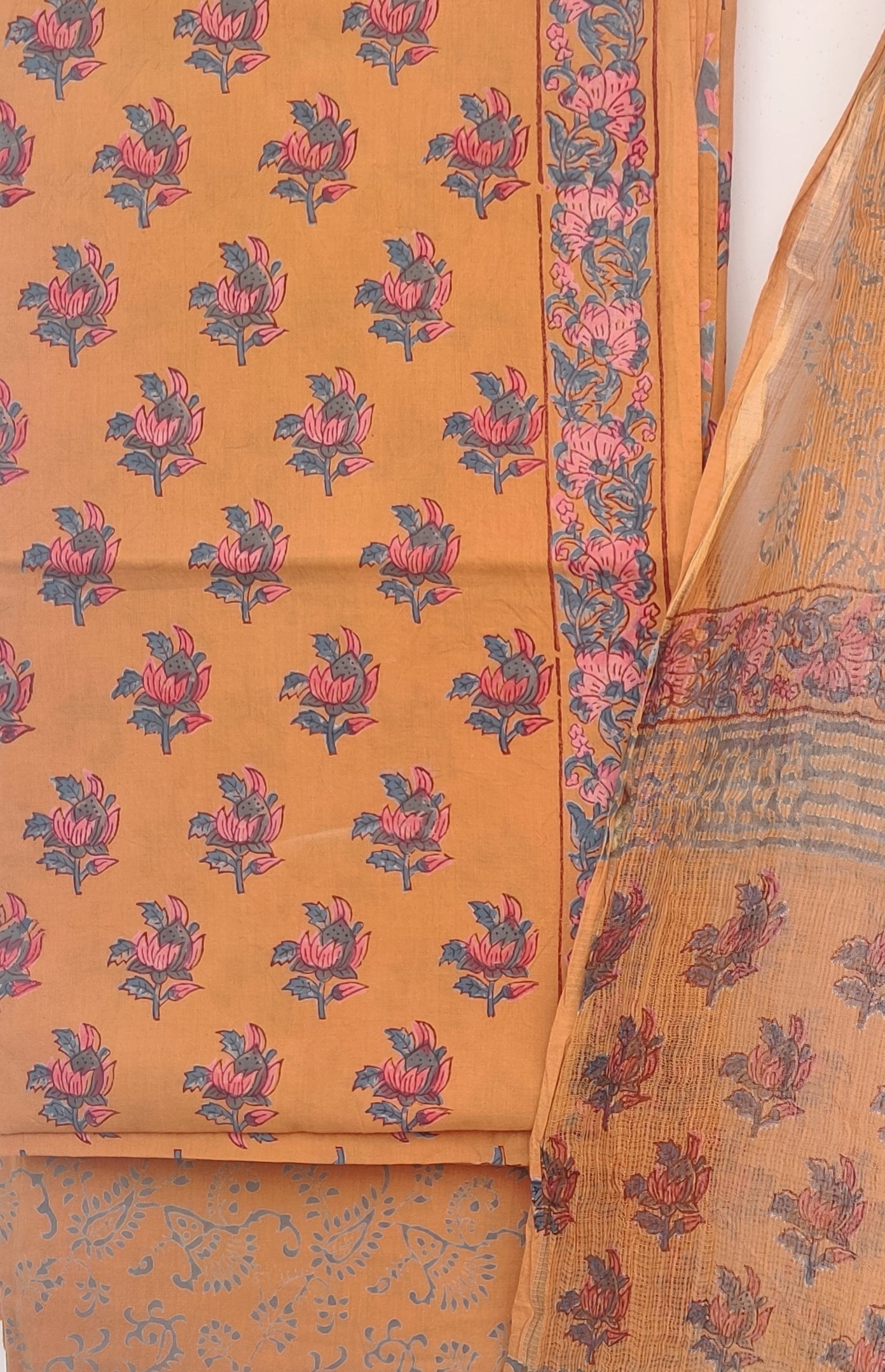 Hand Block Printed Cotton Suit with Cotton Kota Doria dupatta4