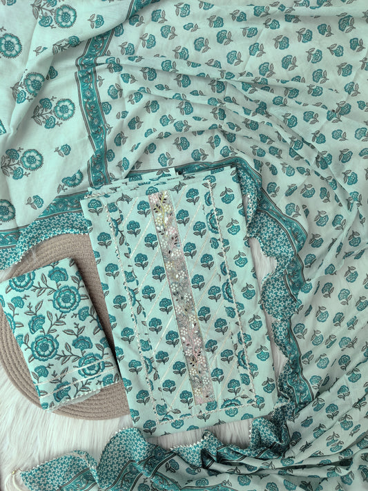 Cotton Printed Neck Work Suits with mulmul dupatta