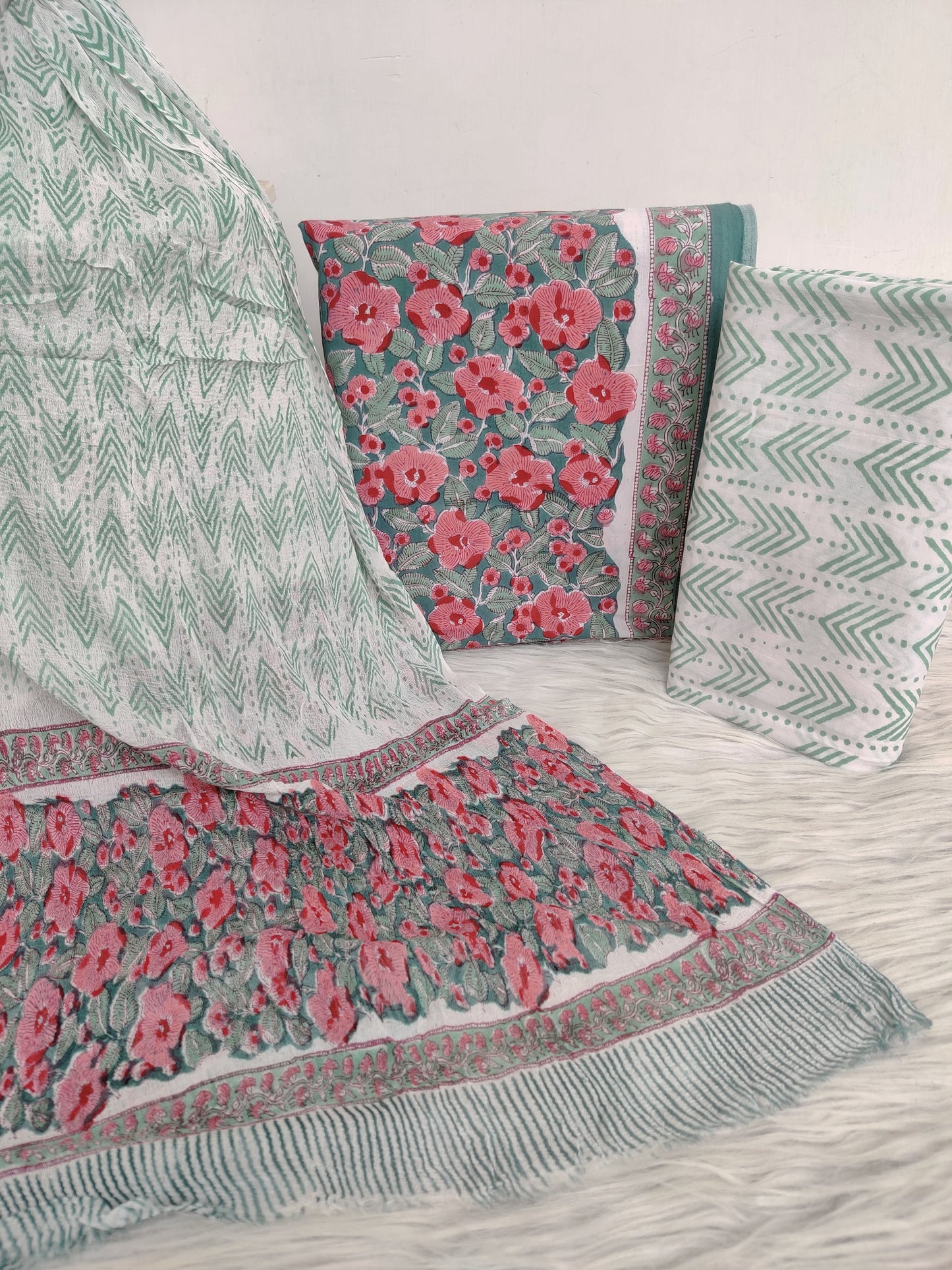 HAND BLOCK PRINTED COTTON SUIT WITH PURE CHIFFON DUPATTA