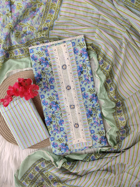 Cotton Printed Neck Work Suits with mulmul dupatta